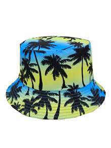 Cappello a secchiello stampato con albero di cocco su entrambi i lati, cappello da sole casual da esterno con protezione, adatto per uomo e donna, ideale per viaggi e vacanze