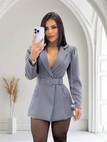 Women's Max Blazer With A Fitted Waist - Princess Style With Elegant Belt WOMEN'S BLAZER OVERCOAT MAX - Màu Xám nhạt - Xem 2