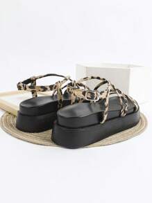 Sandalias con cuña y suela gruesa de moda para mujeres, zapatos de playa con tacón de plataforma de tacón alto, con tiras con moño, color negro