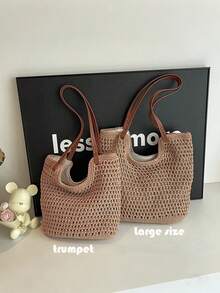 New Hollow Handbag Ladies Large Capacity Straw Handbag Shoulder Bag Retro Travel Beach Bag Shopping Bag Beach Bag Summer Vacation Beach Bag - Khaki - View 5