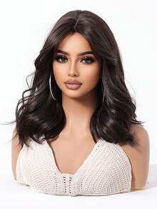 14英寸8字刘海齐肩卷发假发，黑棕色优雅合成耐热假发，音乐节女性礼物 - Black-brown - 查看 6