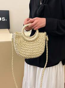Sac en paille tressé de style simple Ins, en demi-cercle. Sac fourre-tout de plage fait main pour femmes, idéal pour les vacances