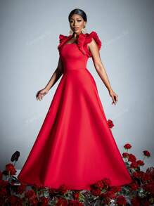 Sleeveless Ruffled-Trim Formal Dress - Timeless Elegant Gown With Fitted Bodice & Flowy Silhouette For Spring-Summer Weddings, Galas, Receptions, Red Carpet, Party Dress, For Cocktail