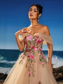 Anymoon Women's High Waist Long Evening Dress With Ruffle Detail On Chest, Formal, Party Dress, Gown, For Wedding Guest - Apricot - View 6