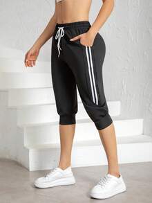 女士七分运动紧身裤，休闲运动服，适合跑步、瑜伽、健身，黑白条纹夏季款 - 黑色 - 查看 2