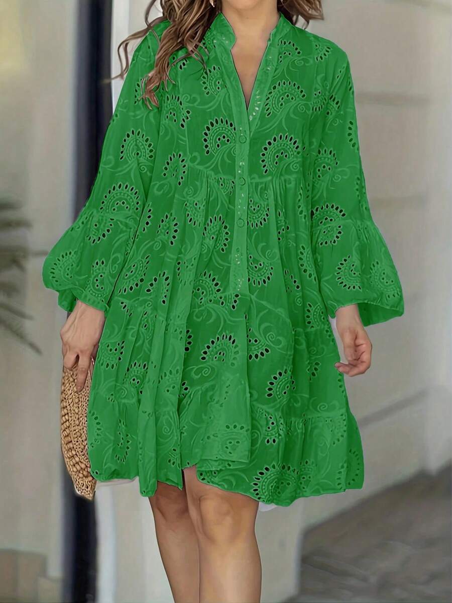 女士时尚休闲镂空蕾丝边前开宽松长袖连衣裙 - 綠色 - 查看 1