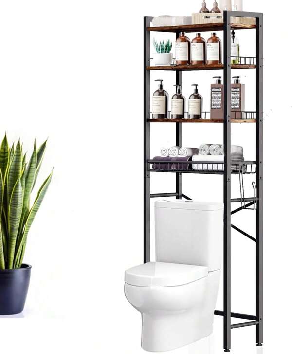 Toilet Storage Rack, 4-Level Bathroom Storage Rack, Adjustable Bathroom Rack, Paper Rack And 4 Hooks, Brown