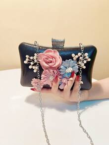 Valentine's Day Gift Love Holiday Date Ramadan Wedding Girlfriend Gift Lady Flower Evening Bags Pink Color Women Small Clutch Purse With Chain Shoulder Flap Design Diamonds Beading Box - Black - View 6