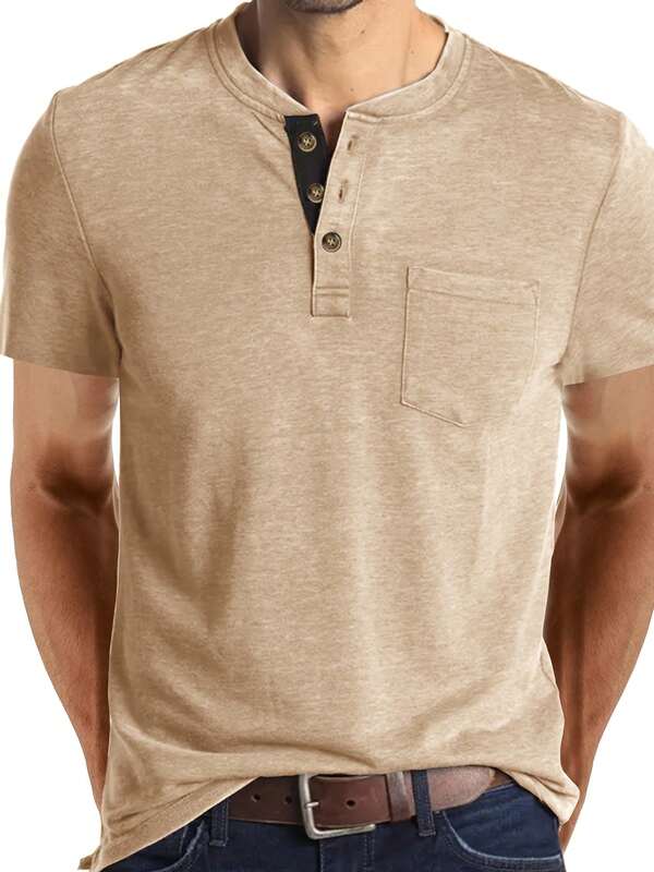 Plus Size Men's Short Sleeve Round Neck Pocket Henley T-Shirt