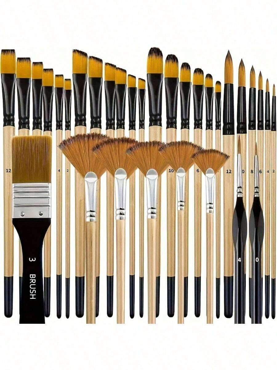 32 Nylon Brush Sets-Round, Hazelnut-Shaped, Flat, Fan-Shaped, Angular And Detailed Brushes, Suitable For Acrylic, Oil Painting And Watercolor Painting-Ideal For Painters And Beginners.,Back To School,School Supplies