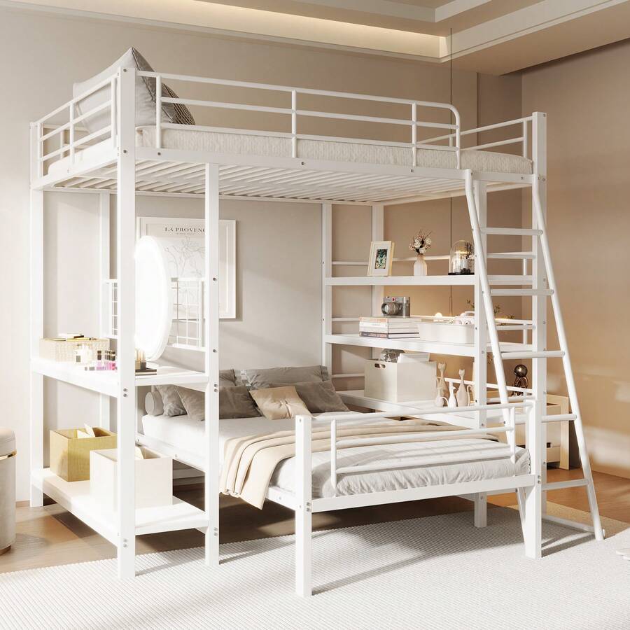 Bunk Bed, Space-Saving, Multifunctional Design, Integrated Shelves, Sturdy Metal Frame