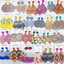 10 pares/paquete Pendientes de madera vintage con estampado colorido para mujeres, set de pendientes de pareja estilo bohemio variado para fiesta, boda, uso diario, regalos de joyería de moda, envío aleatorio