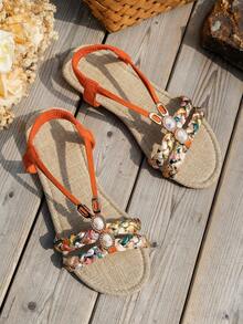 WRCVS Sandalias planas de verano para mujer en color naranja, calzado ligero antideslizante para playa con patrón floral tejido al azar y cuentas estilo bohemio para vacaciones - Naranja - Ver 6