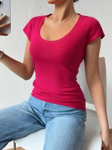 Playera dama mujer cuello redondo profundo manga corta ajustada 100% algodon fresca - Magenta - Ver 3