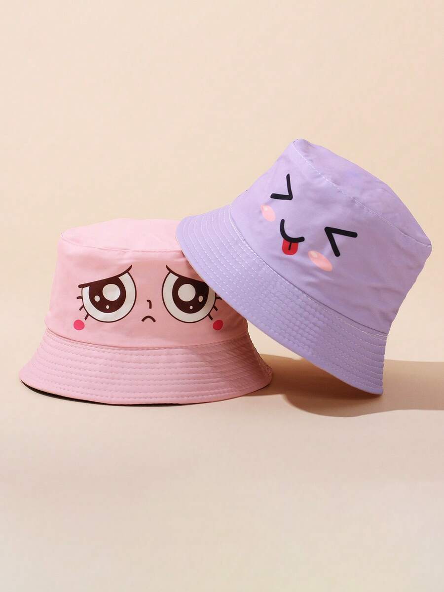 1pc Children 3-8Y Cute Reversible Sun Protection Casual Bucket Hat - Expression Bucket Hat - View 1