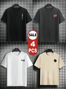 4pcs/Set Men's Casual Street Style Cultural Graphic Short Sleeve T-Shirts, Summer Tee
