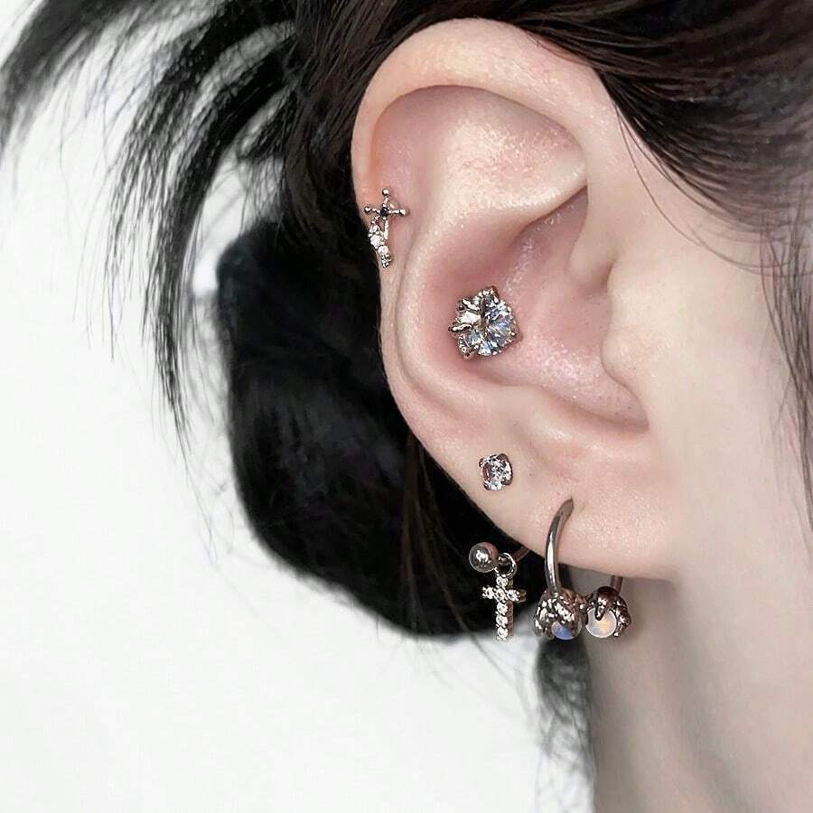 Rhinestone Cross Earrings, Titanium Steel Dragon Claw & Horse Shoe Shaped Earrings, Pale Blue Ear Cartilage Piercing Studs - Silver - View 1