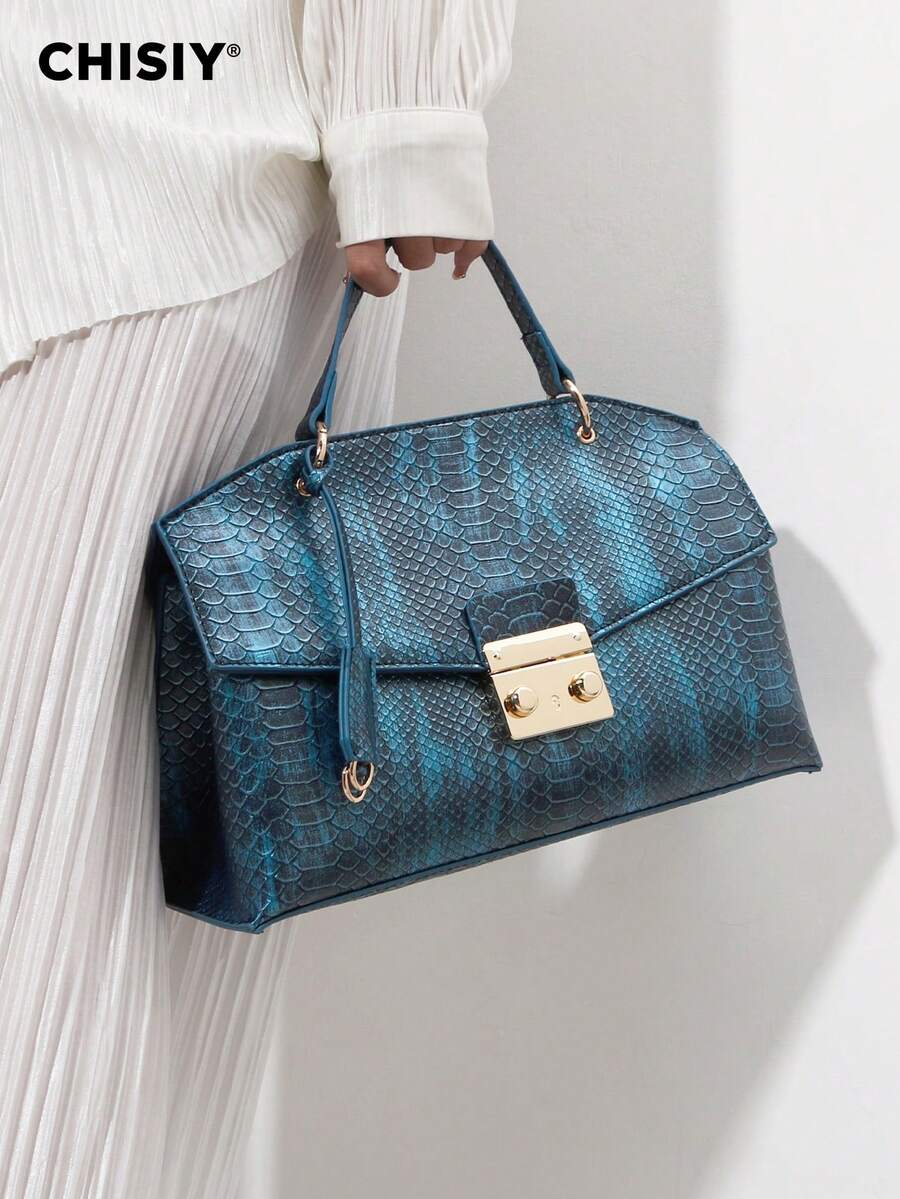 CHISIY 原创手工设计师包，蓝色蛇皮 PU 皮革手提单肩包，多功能商务休闲二合一包，时尚百搭斜挎包，大容量多功能女士手提包，坚固别致的购物、办公、通勤手提包