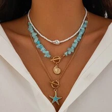 3 Pieces Beach Ocean Elements Stacked Collarbone Chain Bohemian Beaded Star Necklace - Nhiều màu - Xem 1