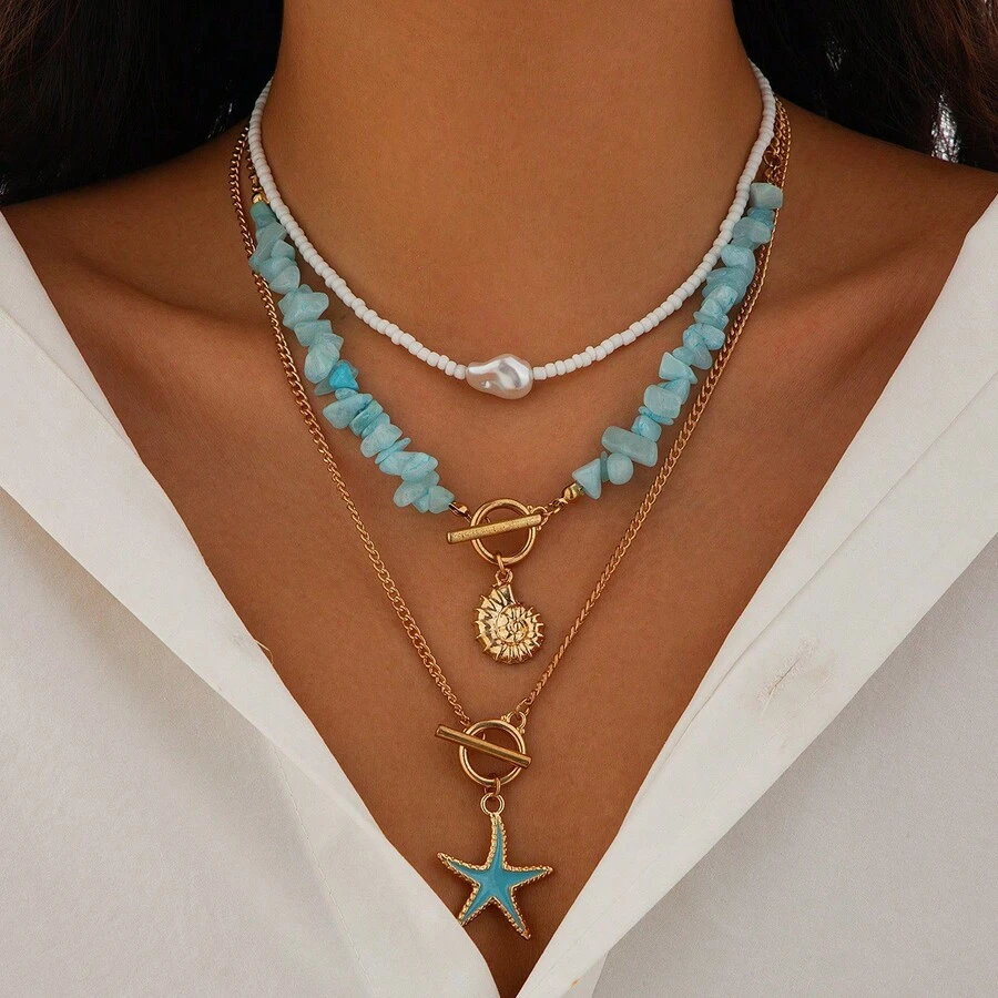 3 Pieces Beach Ocean Elements Stacked Collarbone Chain Bohemian Beaded Star Necklace - Nhiều màu - Xem 1