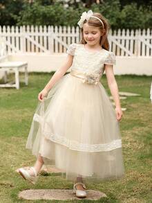 Vestido de verano elegante para niña con aplicaciones de encaje y tela de malla - Champán - Ver 4