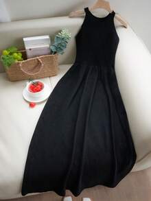 女士优雅无袖收腰喇叭裙毛衣，春夏季 - 黑色 - 查看 10