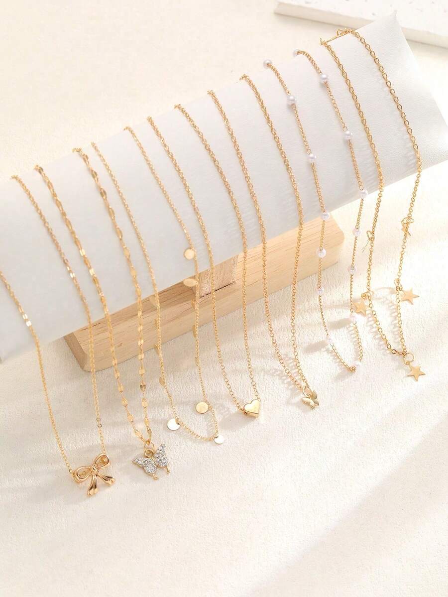 7 件套时尚优雅复古设计蝴蝶、心形、蝴蝶结、水钻、闪光、星星、仿珍珠吊坠项链套装,适合节日、派对、约会、礼物、日常佩戴 - 7pcs - 查看 1