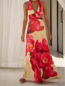 Women Long Dress, Sleeveless Halter Dress Backless Flower/Dots Print Summer Cocktail Dress - 紅色 - 查看 1