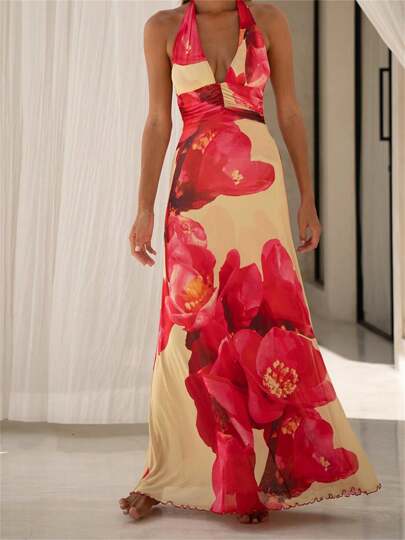 Women Long Dress, Sleeveless Halter Dress Backless Flower/Dots Print Summer Cocktail Dress