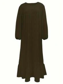 Women's Solid Color Fashionable Petal Sleeve Ruffle Hem Dress Spring - Army Green - View 3