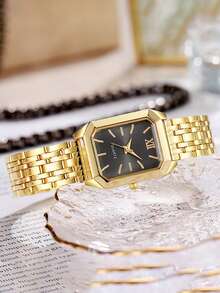 1pc Minimalist Elegant Mixed Bar Scale Square Dial Non-Waterproof Steel Band Quartz Watch, Suitable For Birthday Gift, Back To School Gift, Summer Vacation, Halloween Gift, Year-End Promotion, Singles Day - Gold - View 15