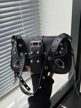 Bolsa de Ombro Punk com Rebites, Nova, Portátil, Adequada para Adolescentes, Universitárias, Trabalhadoras de Colarinho Branco, Muito Adequada para o Trabalho, Volta às Aulas, Ensino Fundamental, Ensino Médio, Faculdade, Férias. Adequada para Compras, Carteira, Compras, Mulheres Jovens, Universitárias, Recém-chegadas, Trabalhadoras de Colarinho Branco. Muito Adequada para Escritório, Faculdade, Trabalho, Negócios, Deslocamento, Atividades ao Ar Livre, Viagens e Passeios.