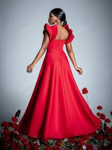 Sleeveless Ruffled-Trim Formal Dress - Timeless Elegant Gown With Fitted Bodice & Flowy Silhouette For Spring-Summer Weddings, Galas, Receptions, Red Carpet, Party Dress, For Cocktail