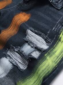 Pantalones cortos de mezclilla rectos con efecto desgastado y estampado de salpicadura de pintura para hombres de moda