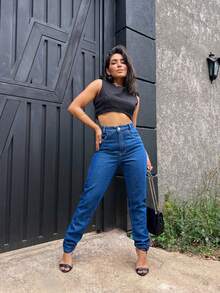 Mon Jeans Pants Without Lycra For Women - 深色水洗藍 - 查看 5