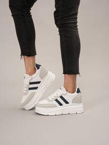 女式新款厚底厚底运动鞋，休闲百搭皮革运动跑步鞋，秋季 - 日灰蘭 - 查看 9