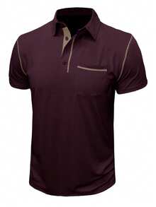 Plus Size Men's Casual Contrast Trim Short Sleeve Polo Shirt, Summer - Burgundy - View 4