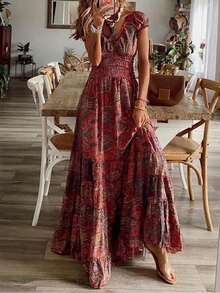 Bohemian New Long Dress Floral Print Large Swing Dress,Red Dress,Red Dresses For Women 2025,Dresses For Women Midi - 酒紅色 - 查看 2