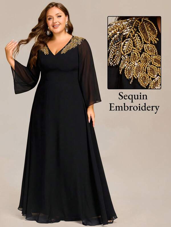 EVER-PRETTY Elegantes langes Abendkleid in Große Größen mit Pailletten-Stickerei, V-Ausschnitt und bodenlanger Länge, schwarzes Abendkleid, Partykleid für Hochzeitsgäste