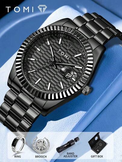  Reloj de cuarzo para hombre TOMI con broche de estrella y luna, caja de regalo de reloj de cuarzo de moda para negocios, adecuado para la vida diaria, eventos de negocios, Día del Padre, San Valentín, Navidad