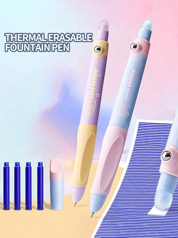 2 Pcs Of Heat-Sensitive Erasable Fountain Pens, Special For Students, Replaceable Ink Sacs, Cute Calligraphy Nib Writing Pen, Crystal Blue Black Stationery Teacher's Day Gifts Back To School