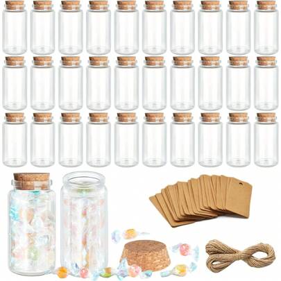 30 pezzi Piccole bottiglie di vetro con tappi in sughero, bottigline di vetro con tappi - Piccole bottiglie con coperchi per artigianato fai-da-te, bomboniere per matrimoni con etichette, spago e imbuto