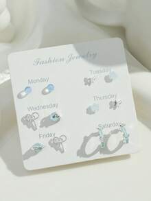 6对/套 甜美酷炫极光精致耳钉 气质耳环 女士新款蝴蝶爱情套装吊坠