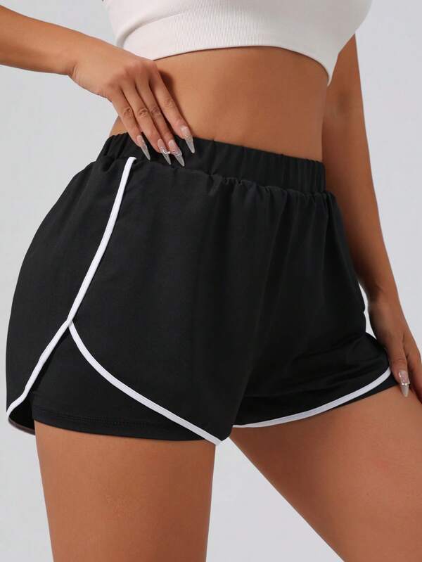 Shorts de yoga de cintura alta elástica para mujer, shorts de correr y fitness de color contrastante de dos en uno con bolsillos