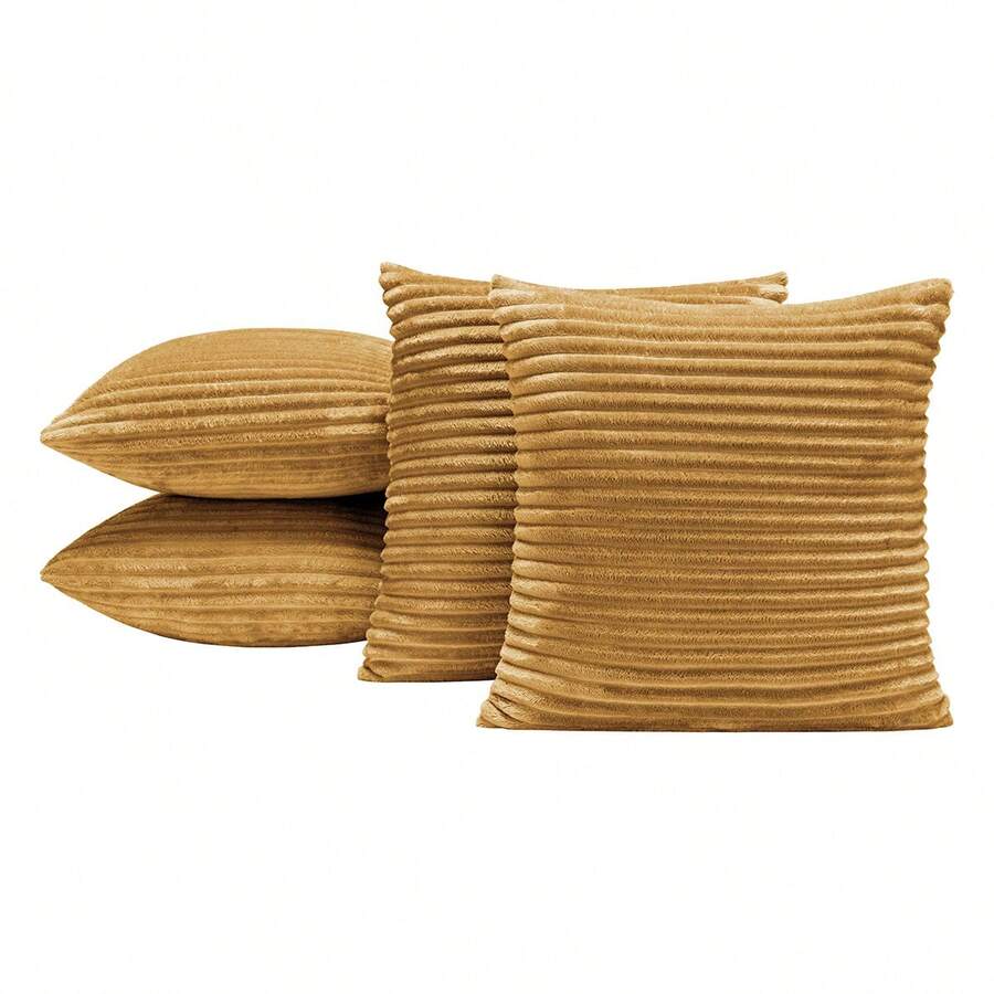 Kit Of 4 Soft Cushion Covers In High Relief Ribbed 45cm X 45cm And 60cm X 30cm With Zipper - Velvet Bariloche - 芥末 - 查看 1