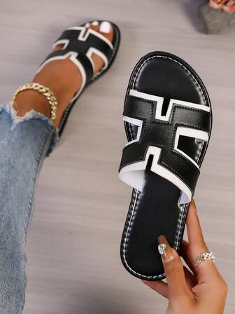 Women's Flat Sandals, Black & White H-Strap Slippers, Spring/Summer New Beach Sandals For Party, Birthday, Easter Gift, Low Heel Open Toe Colorblock Slides, Versatile Fashion Slippers In Silver, Brown, Red, Gray, Yellow, Orange