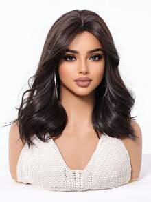 14英寸8字刘海齐肩卷发假发，黑棕色优雅合成耐热假发，音乐节女性礼物 - Black-brown - 查看 5