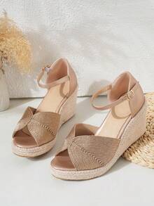 Women's Fashionable Stylish Comfortable Vacation Chic Rope Thick Soled Casual Shoes - Gold - View 3
