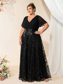 Váy phù dâu cổ chữ V tay cánh bướm đính sequin thanh lịch cỡ lớn mùa xuân, váy dạ hội, váy dự tiệc cưới trang trọng, dự tiệc tốt nghiệp, tiệc tối - màu đen - Xem 5