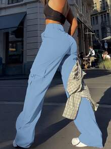 Pantalones Cargo de Cintura Alta para Mujer, Holgados, Y2k, paracaídas, Pantalones de Senderismo con cordón, Pantalones Casuales con Bolsillos, Ropa de Calle - Azul - Ver 3